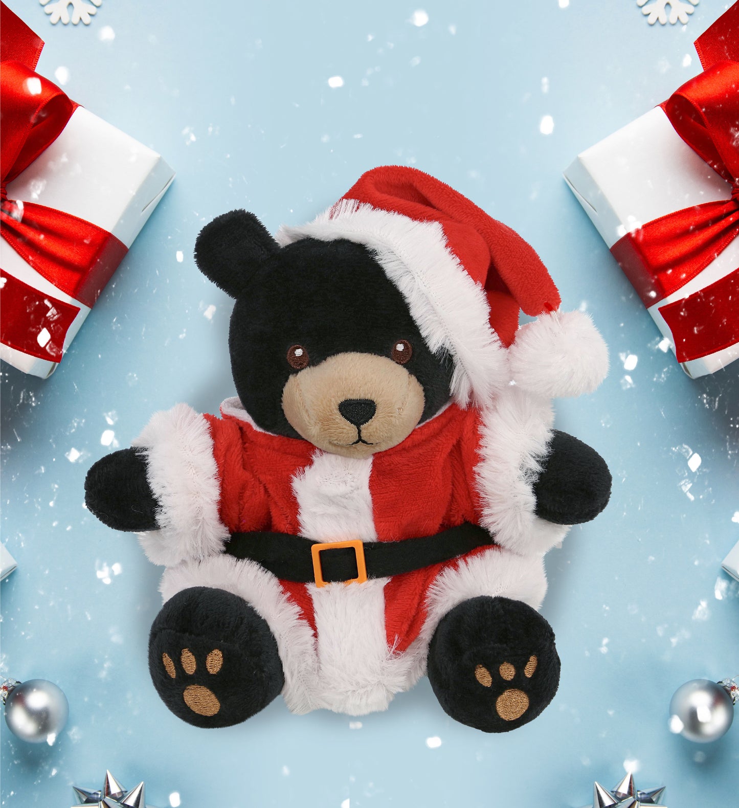 6" PLUSH - BLACK BEAR WITH SANTA DRESS UP
