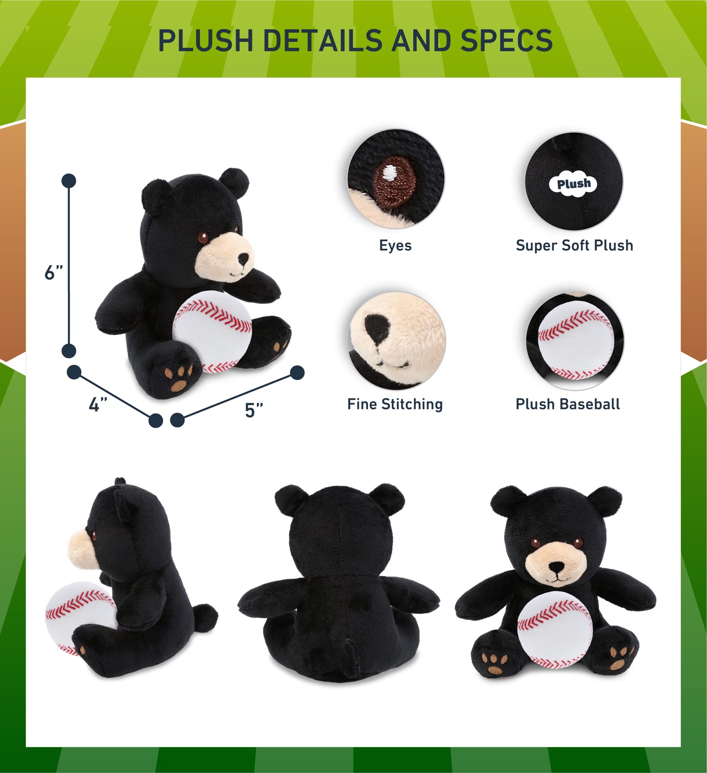 DolliBu Soft Huggable Black Bear Stuffed Animal with Baseball Plush - 6 Inches