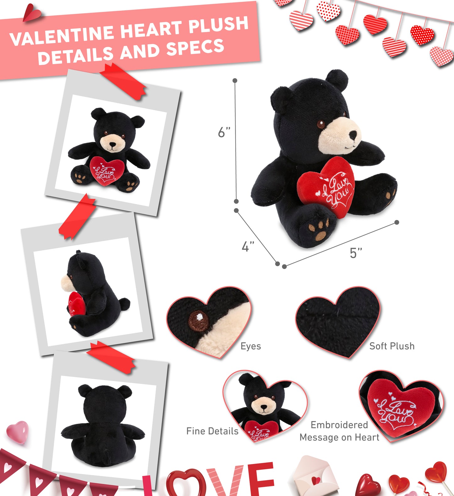 PLUSH I LOVE YOU RED HEART - 6" PLUSH - BLACK BEAR