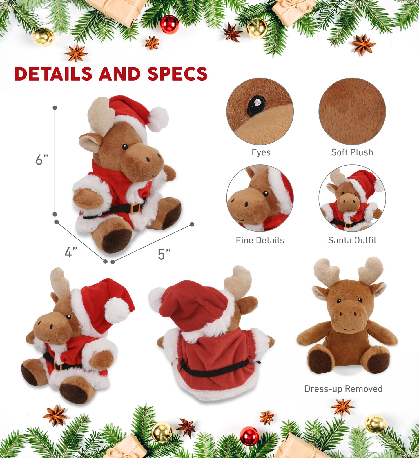 6" PLUSH - MOOSE WITH SANTA DRESS UP