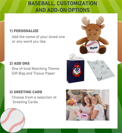DolliBu Soft Huggable Moose Stuffed Animal with Baseball Plush Toy - 6 Inches