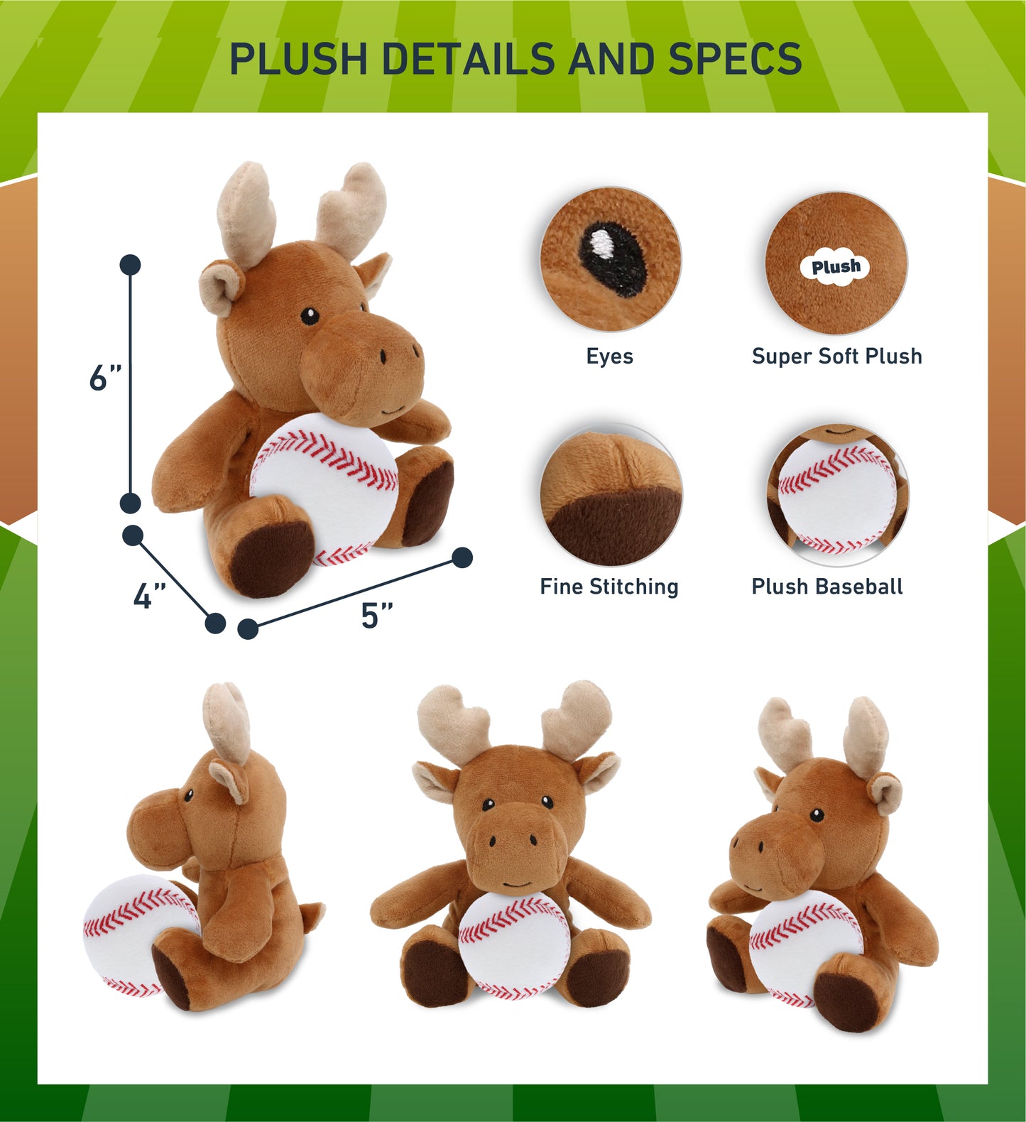 DolliBu Soft Huggable Moose Stuffed Animal with Baseball Plush Toy - 6 Inches