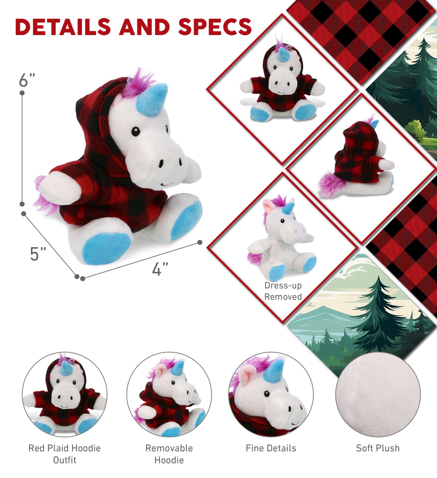 6" PLUSH - UNICORN WITH RED PLAID HOODIE