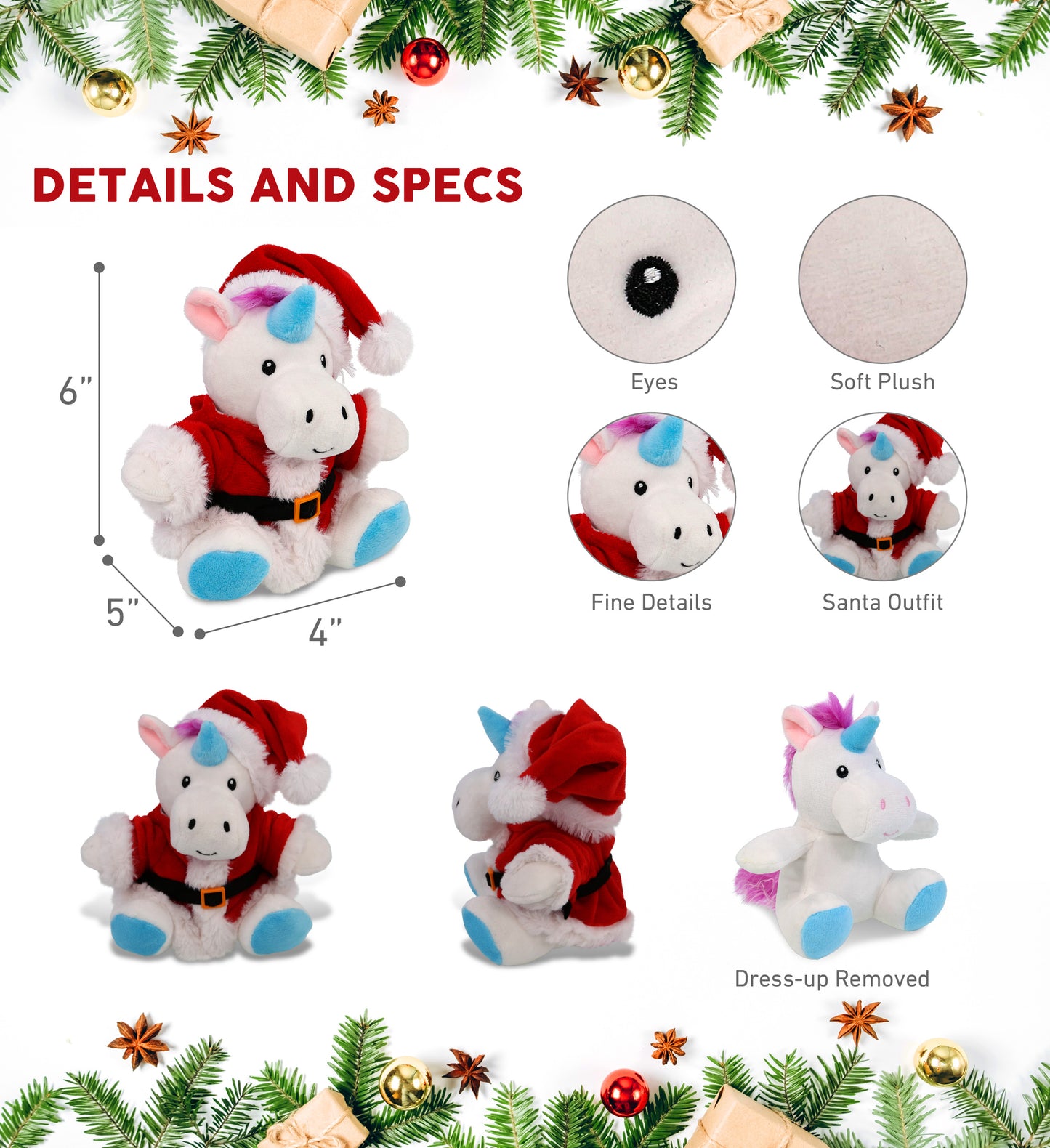 6" PLUSH - UNICORN WITH SANTA DRESS UP