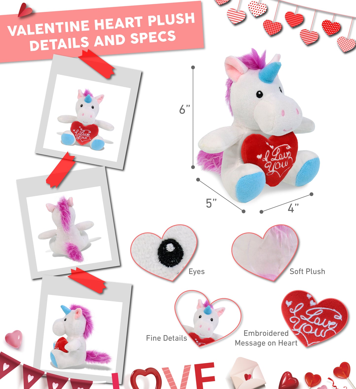 PLUSH I LOVE YOU RED HEART - 6" PLUSH - UNICORN