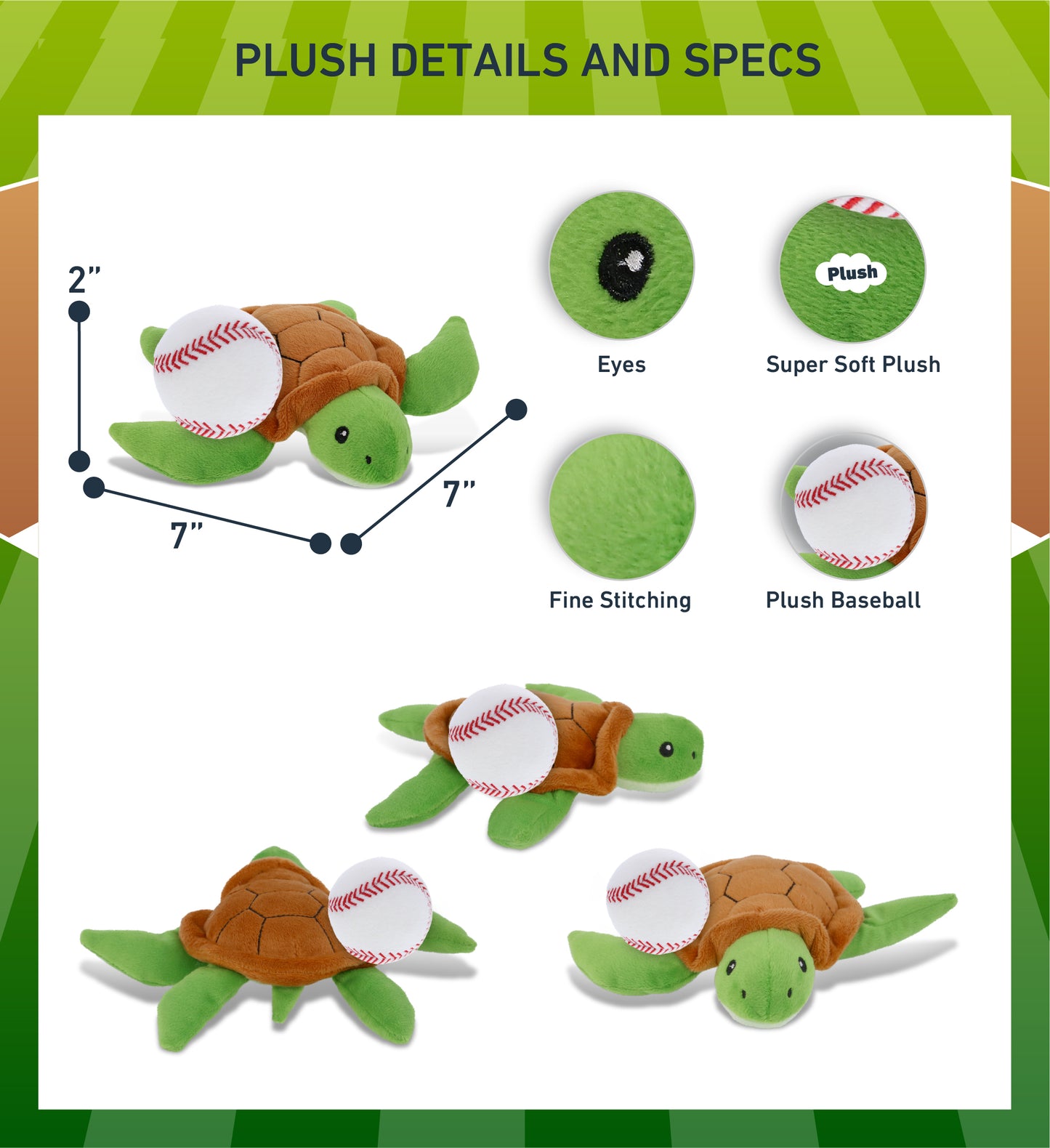 DolliBu Soft Huggable Sea Turtle Stuffed Animal with Baseball Plush - 6 Inches