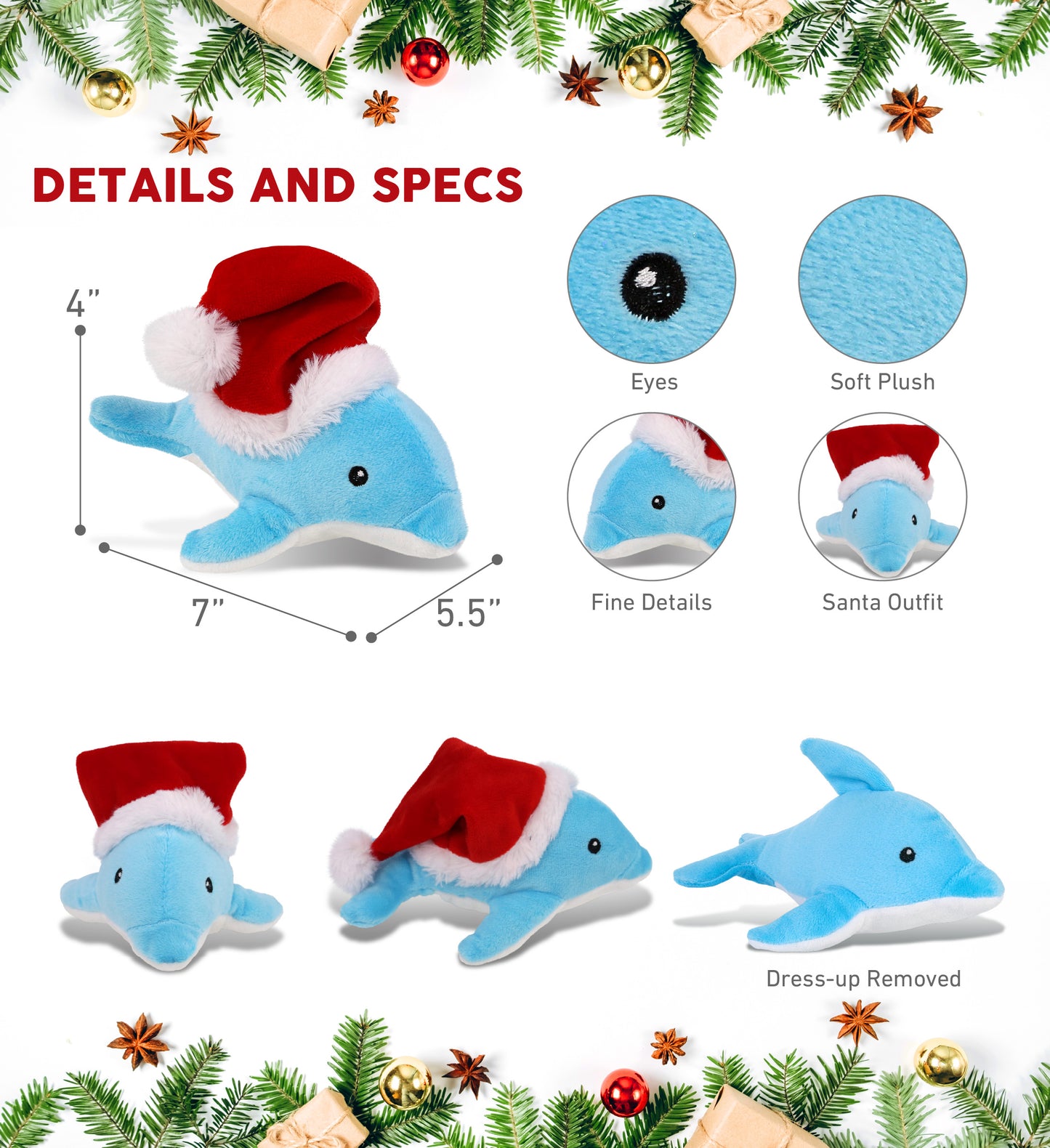 6" PLUSH - DOLPHIN WITH SANTA DRESS UP