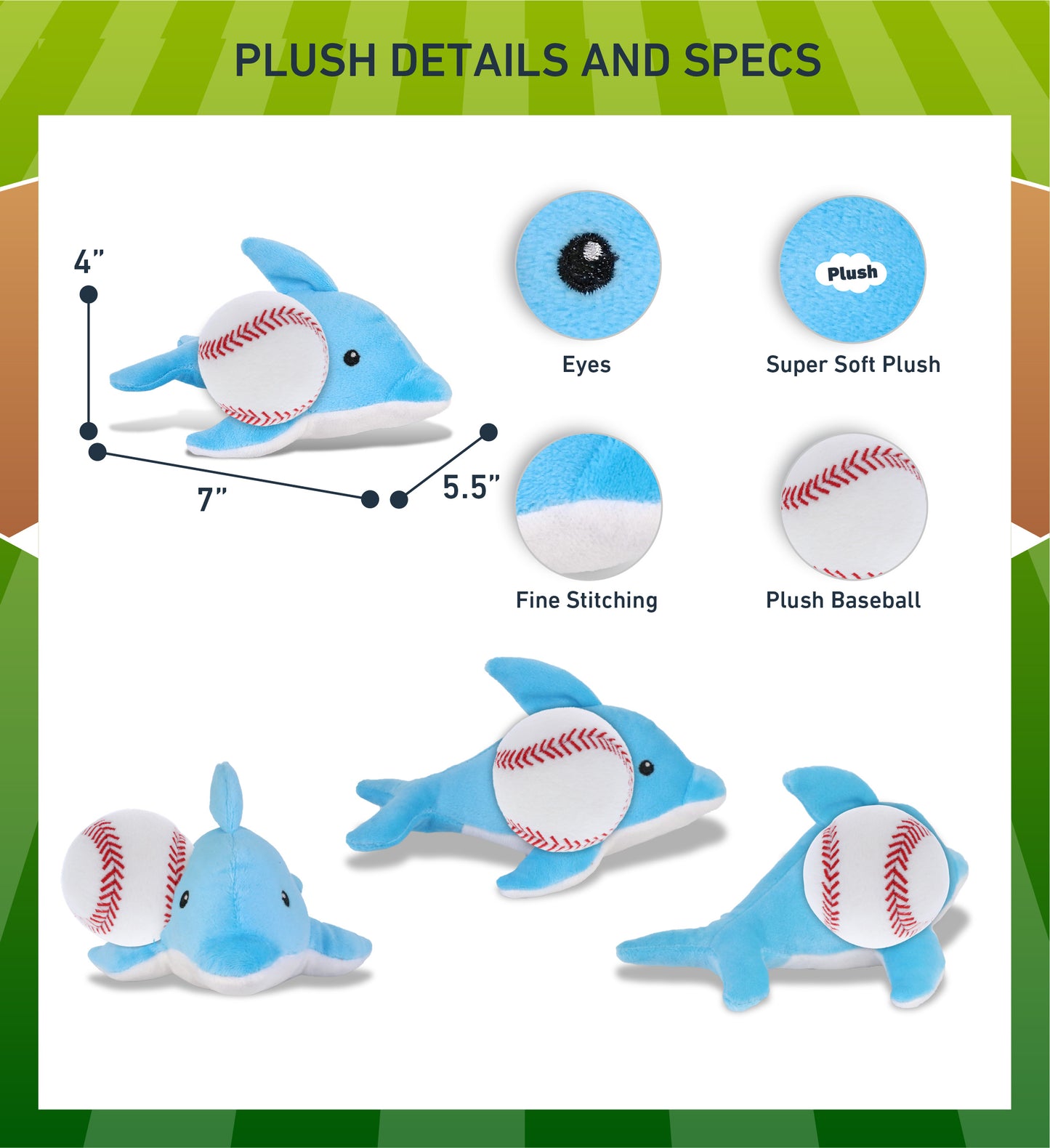DolliBu Soft Huggable Dolphin Stuffed Animal with Baseball Plush - 6 Inches