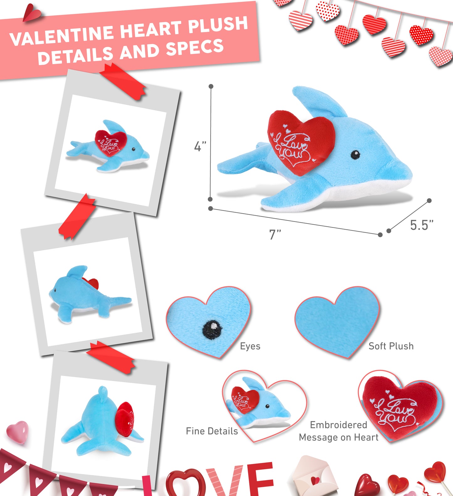 PLUSH I LOVE YOU RED HEART - 6" PLUSH - DOLPHIN