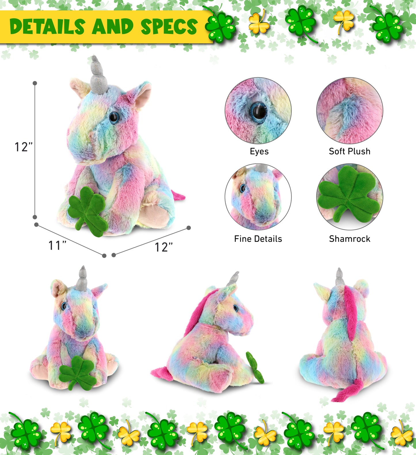 DolliBu Floppy Rainbow Unicorn Stuffed Animal with Green Plush Shamrock-12 Inch