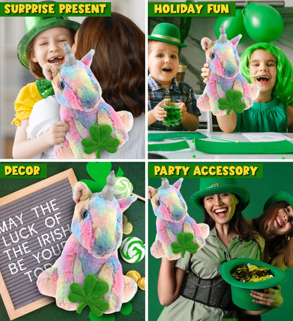 DolliBu Floppy Rainbow Unicorn Stuffed Animal with Green Plush Shamrock-12 Inch