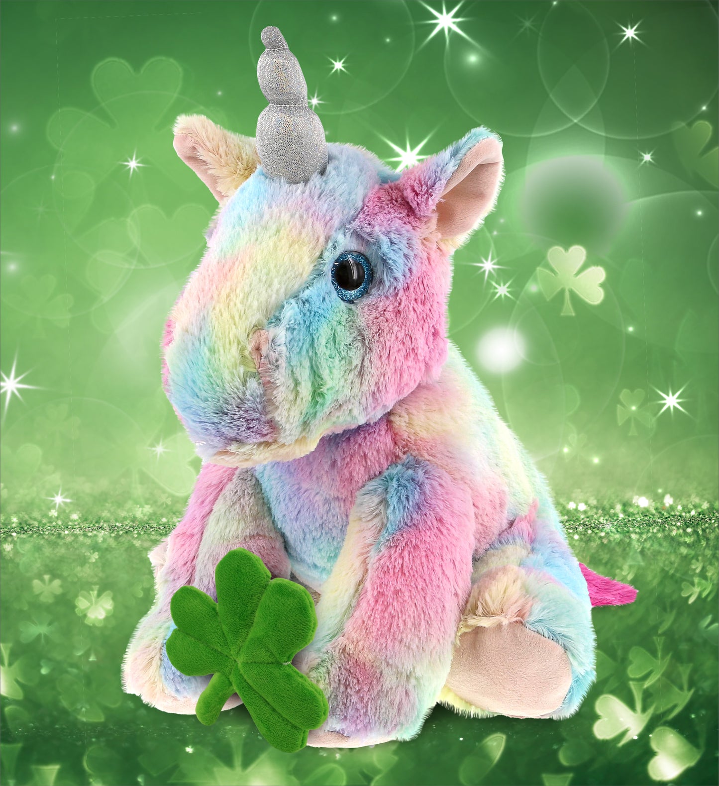 DolliBu Floppy Rainbow Unicorn Stuffed Animal with Green Plush Shamrock-12 Inch