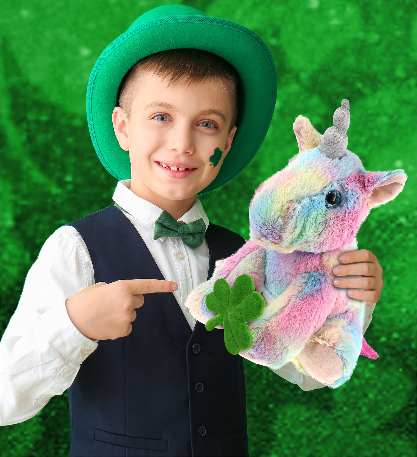 DolliBu Floppy Rainbow Unicorn Stuffed Animal with Green Plush Shamrock-12 Inch