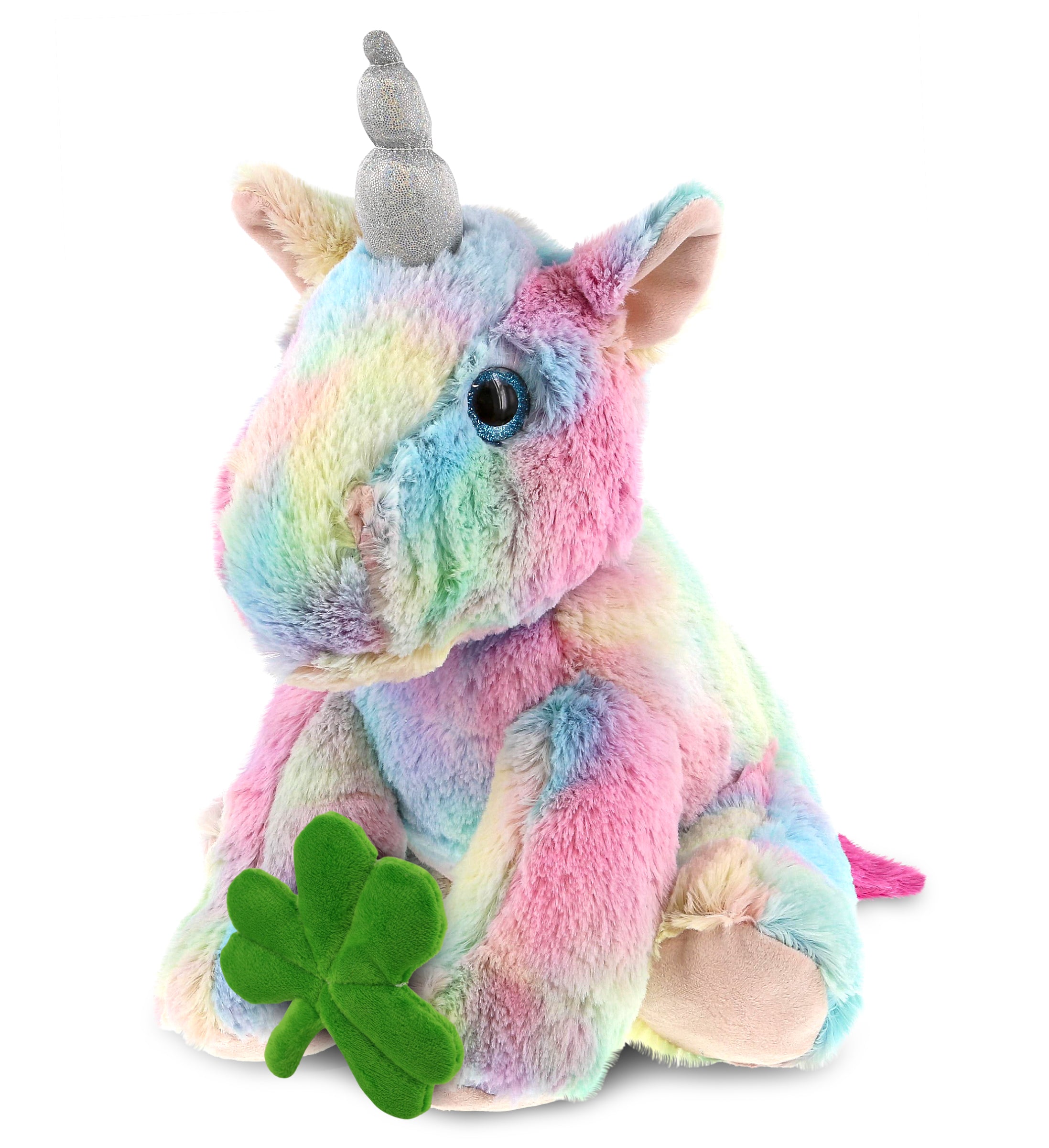 DolliBu Floppy Rainbow Unicorn Stuffed Animal with Green Plush Shamrock-12 Inch