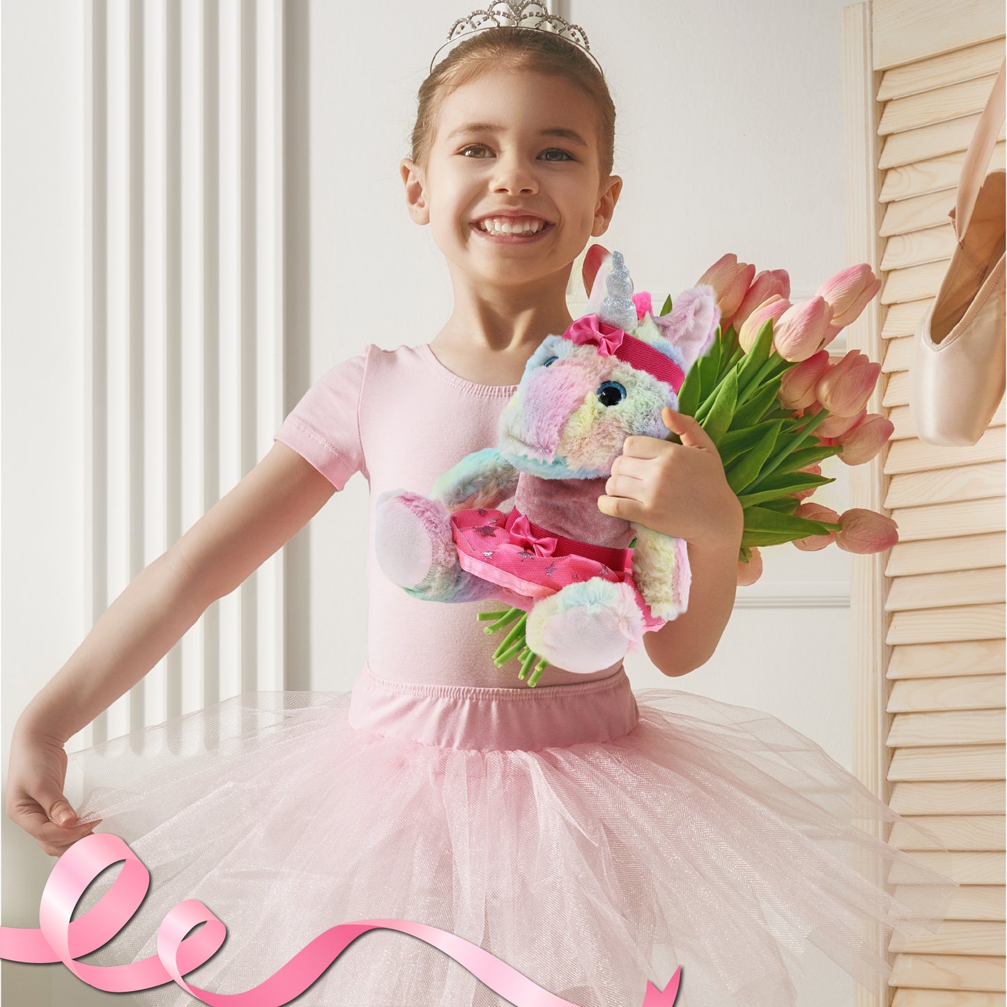 SUPER-SOFT PLUSH - SITTING RAINBOW UNICORN WITH BALLERINA DRESS UP