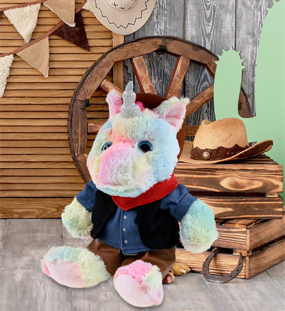 SUPER-SOFT PLUSH - SITTING RAINBOW UNICORN With COWBOY Dress Up