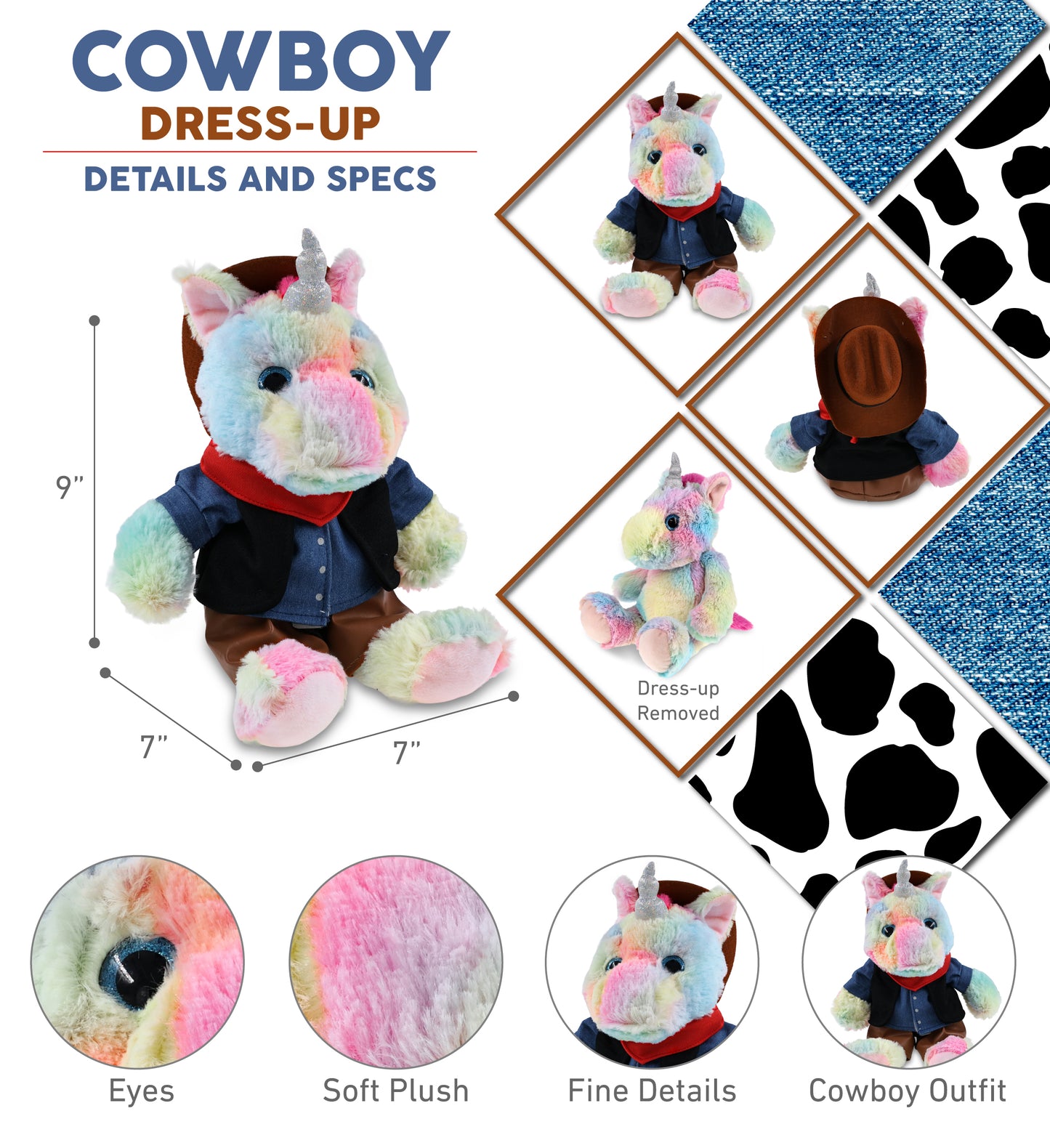 SUPER-SOFT PLUSH - SITTING RAINBOW UNICORN With COWBOY Dress Up