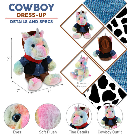 SUPER-SOFT PLUSH - SITTING RAINBOW UNICORN With COWBOY Dress Up