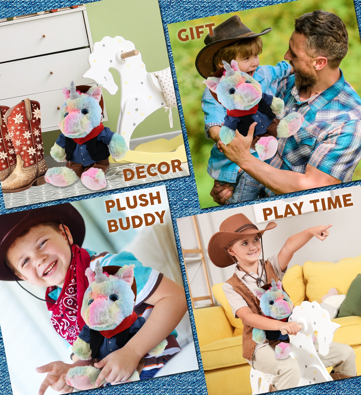 SUPER-SOFT PLUSH - SITTING RAINBOW UNICORN With COWBOY Dress Up