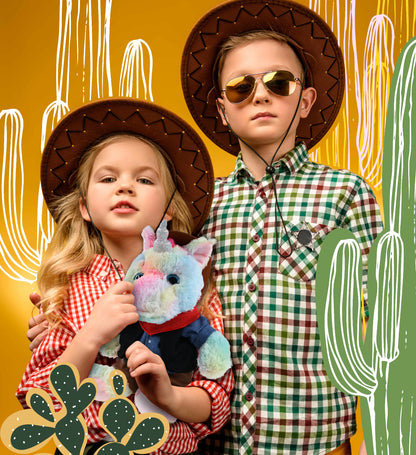 SUPER-SOFT PLUSH - SITTING RAINBOW UNICORN With COWBOY Dress Up