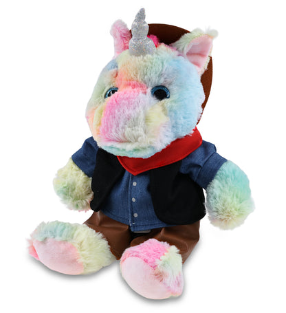 SUPER-SOFT PLUSH - SITTING RAINBOW UNICORN With COWBOY Dress Up