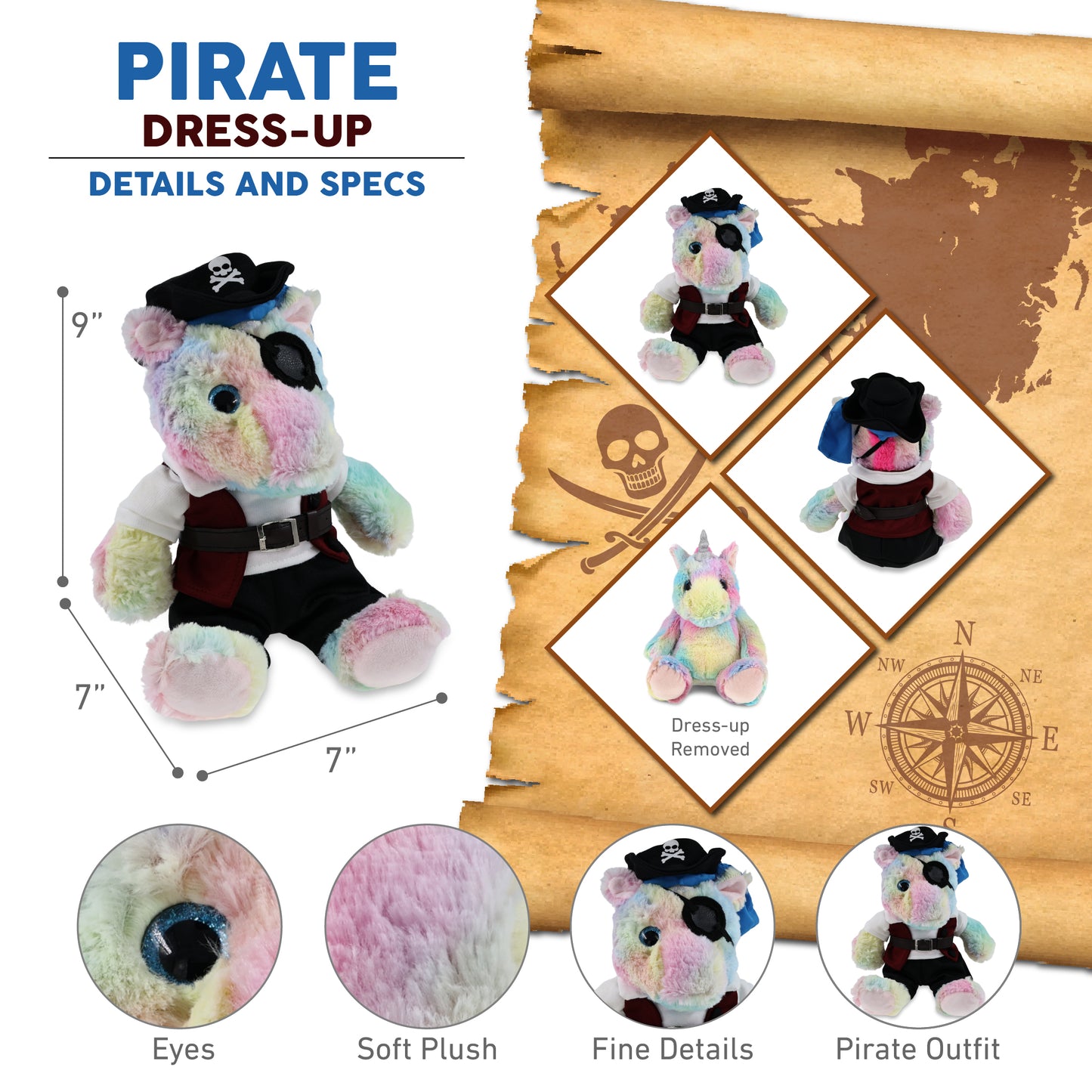 SUPER-SOFT PLUSH - SITTING RAINBOW UNICORN PIRATE DRESS UP