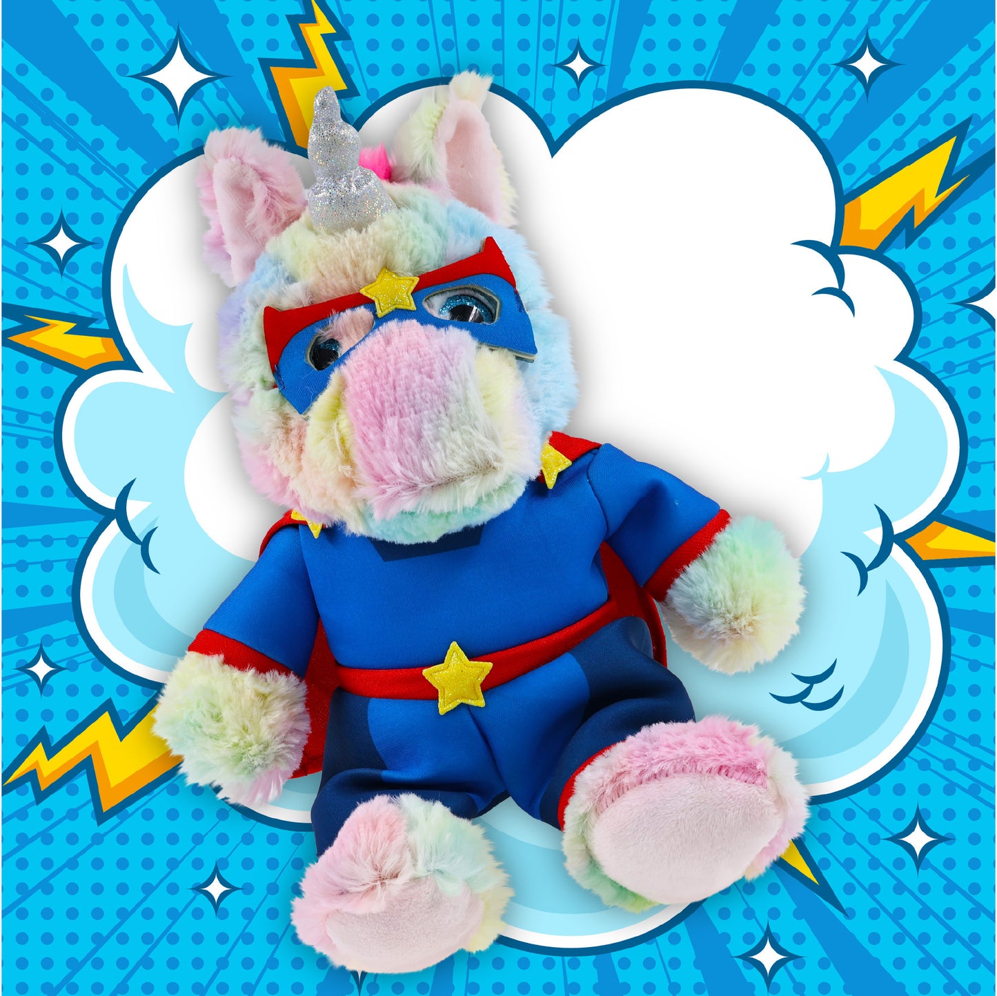 SUPER-SOFT PLUSH - SITTING RAINBOW UNICORN With SUPER HERO Dress Up