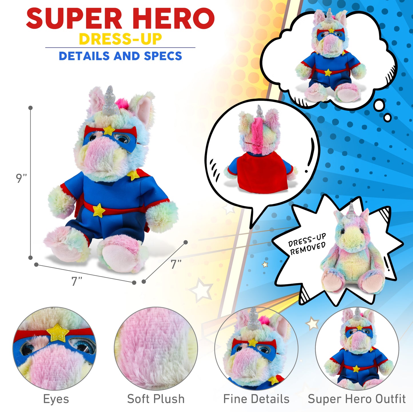 SUPER-SOFT PLUSH - SITTING RAINBOW UNICORN With SUPER HERO Dress Up