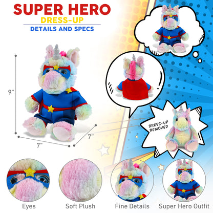 SUPER-SOFT PLUSH - SITTING RAINBOW UNICORN With SUPER HERO Dress Up