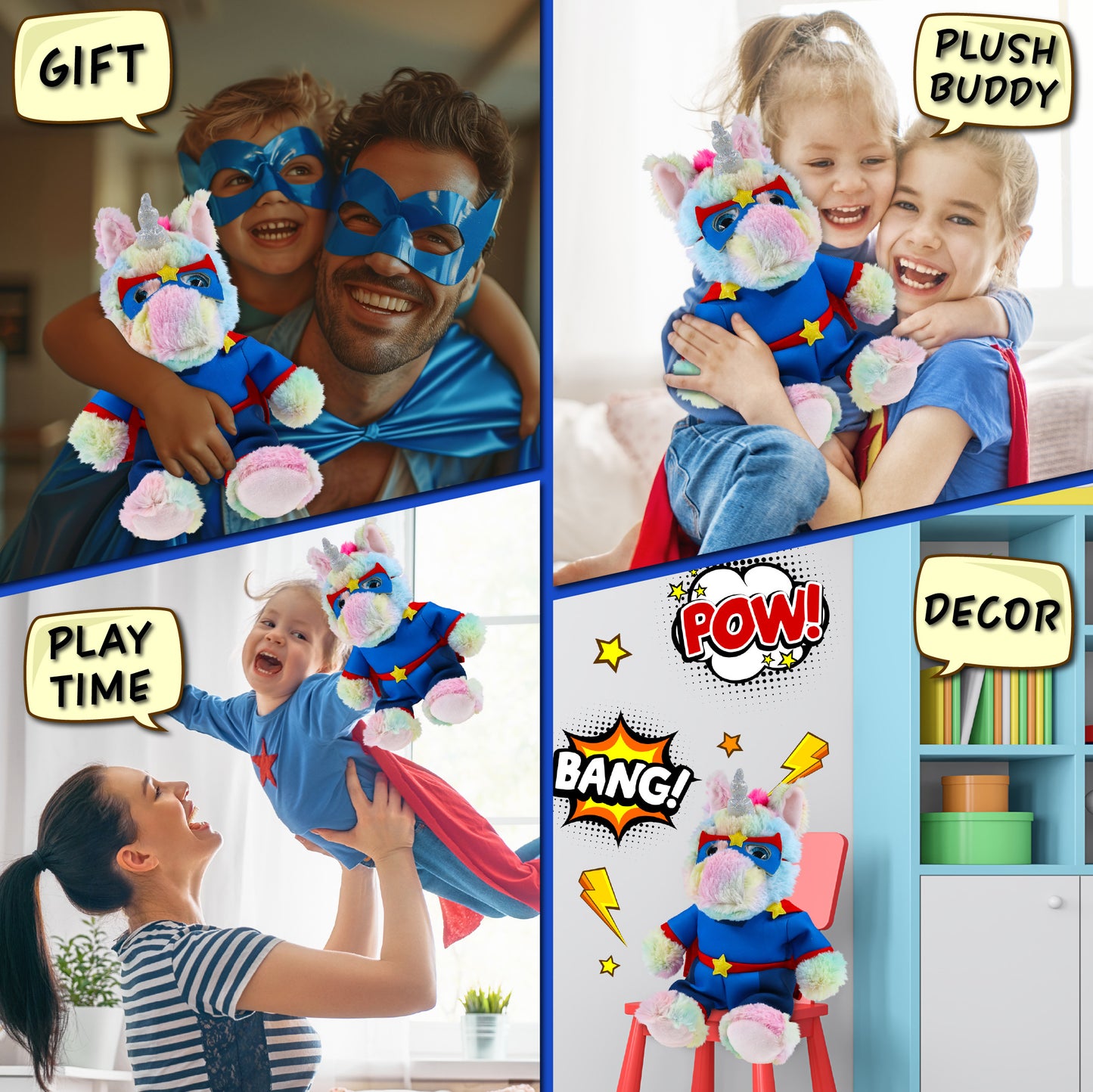 SUPER-SOFT PLUSH - SITTING RAINBOW UNICORN With SUPER HERO Dress Up