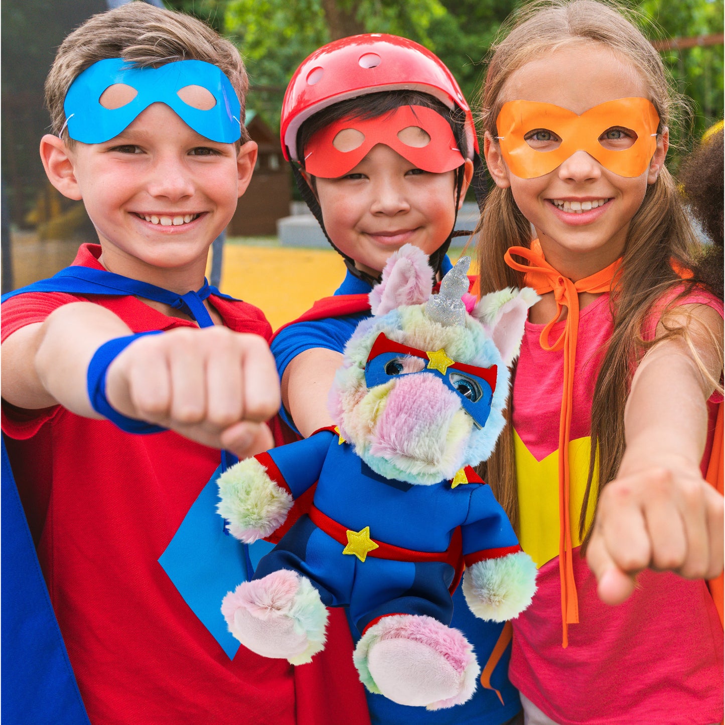 SUPER-SOFT PLUSH - SITTING RAINBOW UNICORN With SUPER HERO Dress Up