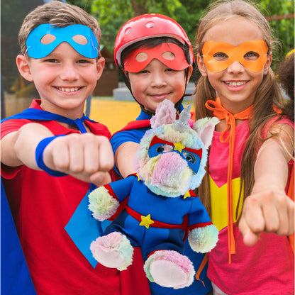 SUPER-SOFT PLUSH - SITTING RAINBOW UNICORN With SUPER HERO Dress Up