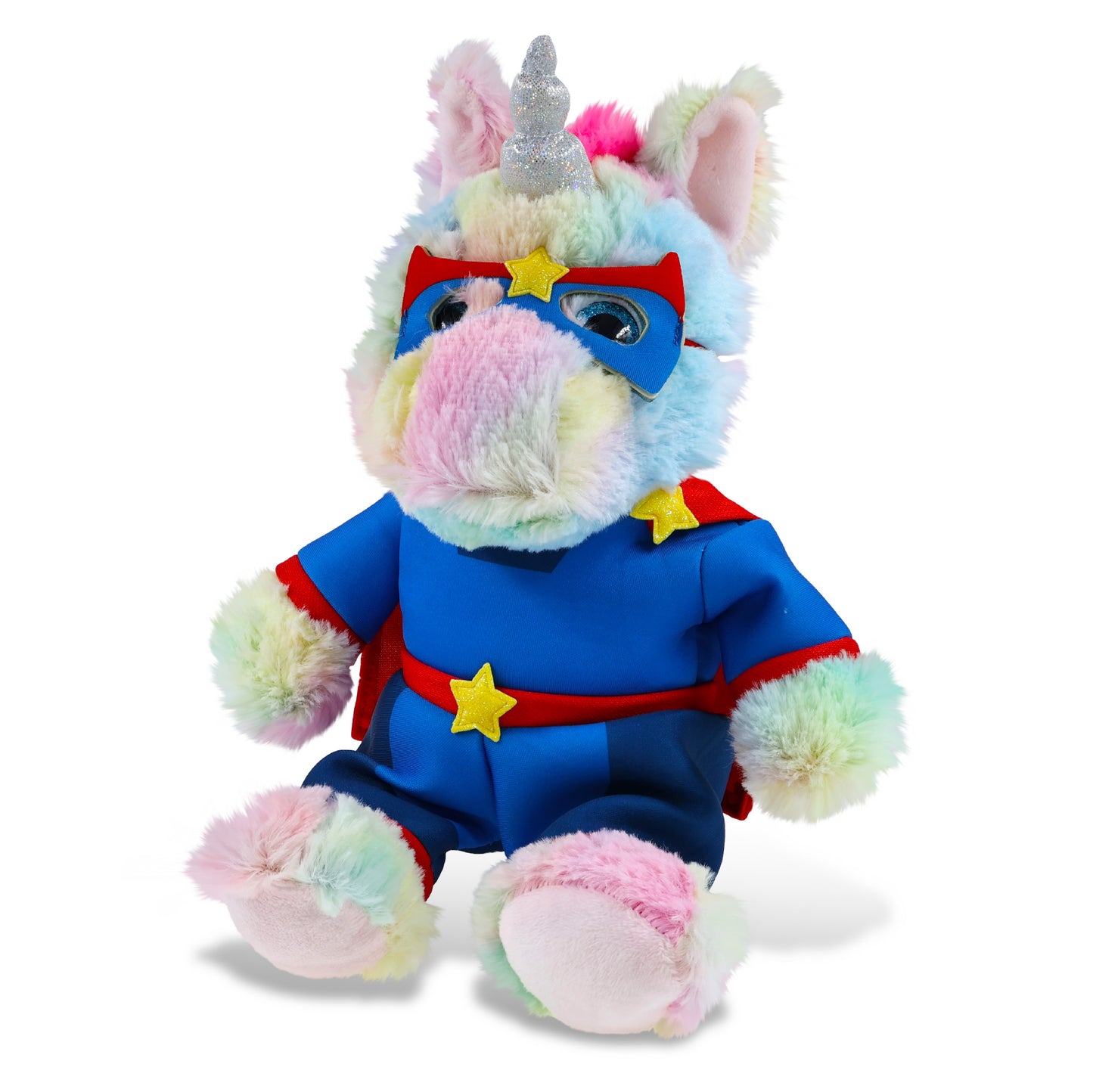 SUPER-SOFT PLUSH - SITTING RAINBOW UNICORN With SUPER HERO Dress Up