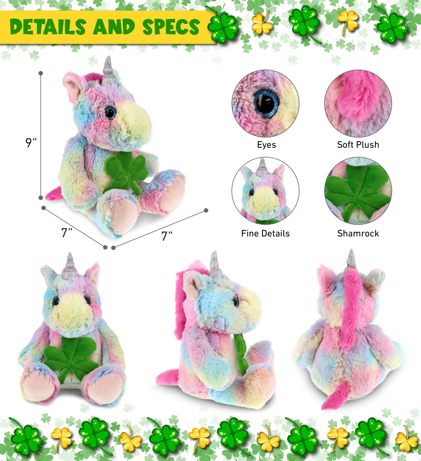 DolliBu Sitting Rainbow Unicorn Stuffed Animal with Green Plush Shamrock-9 Inch