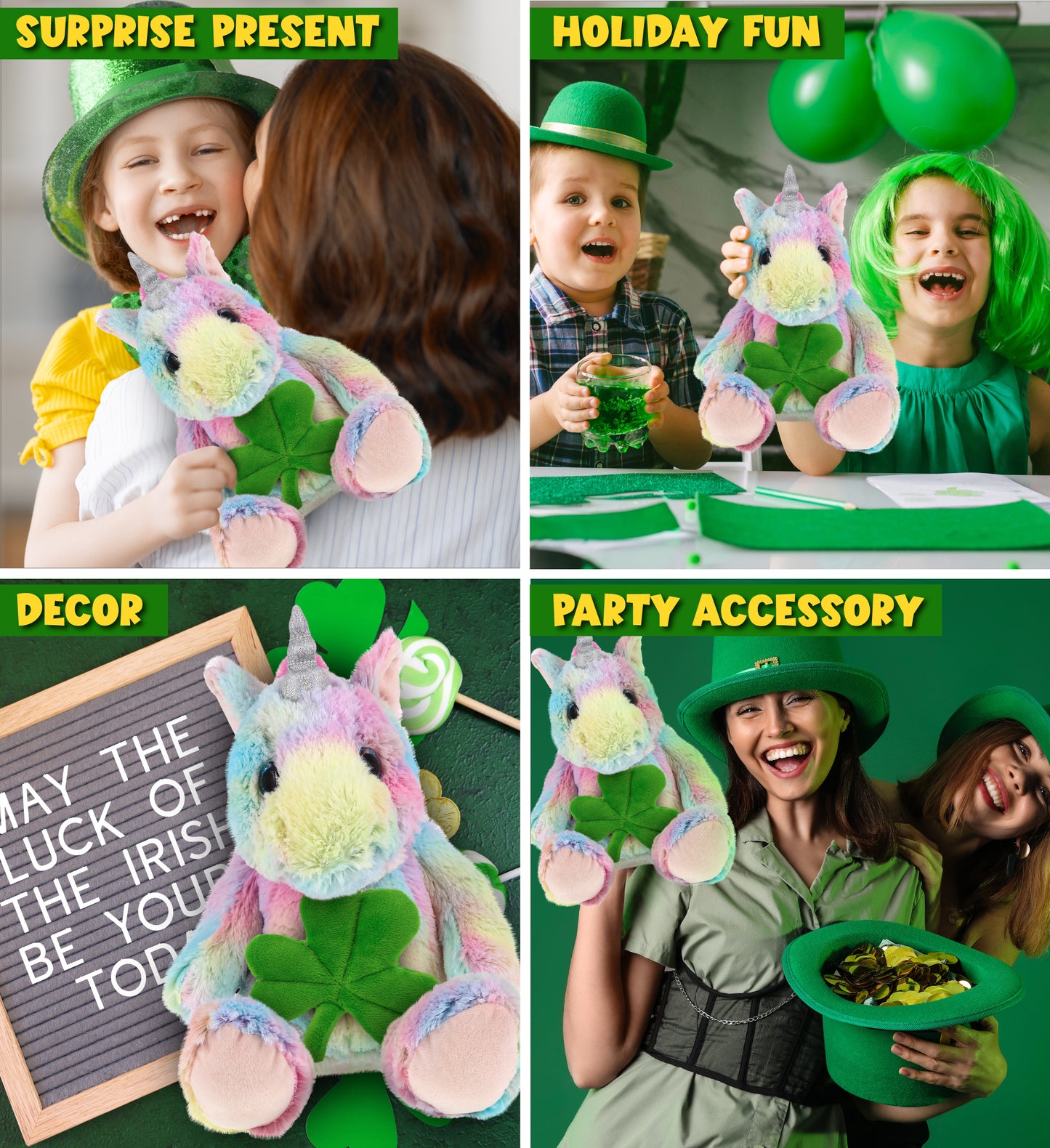 DolliBu Sitting Rainbow Unicorn Stuffed Animal with Green Plush Shamrock-9 Inch