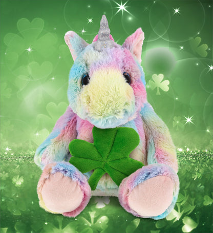 DolliBu Sitting Rainbow Unicorn Stuffed Animal with Green Plush Shamrock-9 Inch