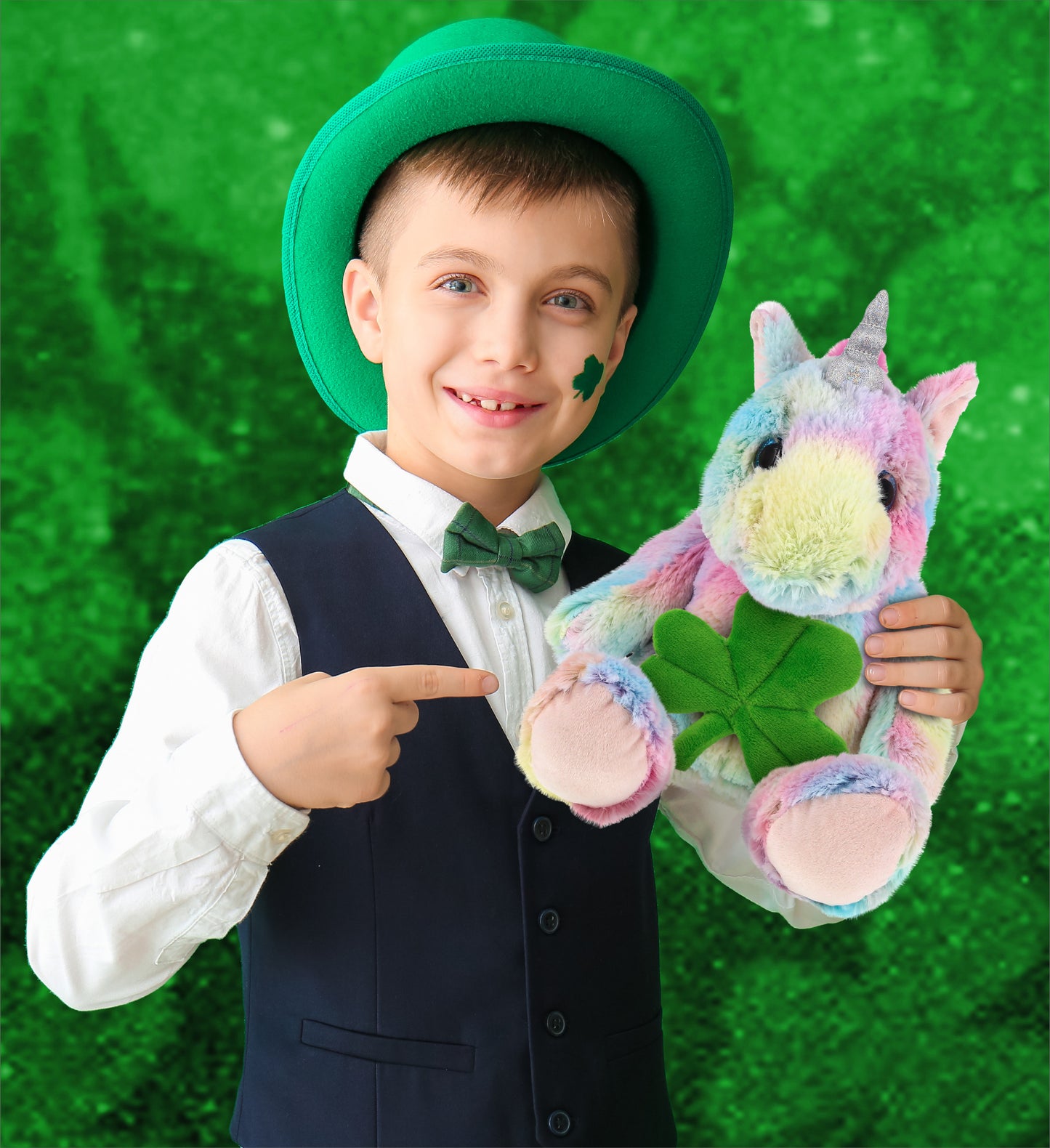 DolliBu Sitting Rainbow Unicorn Stuffed Animal with Green Plush Shamrock-9 Inch