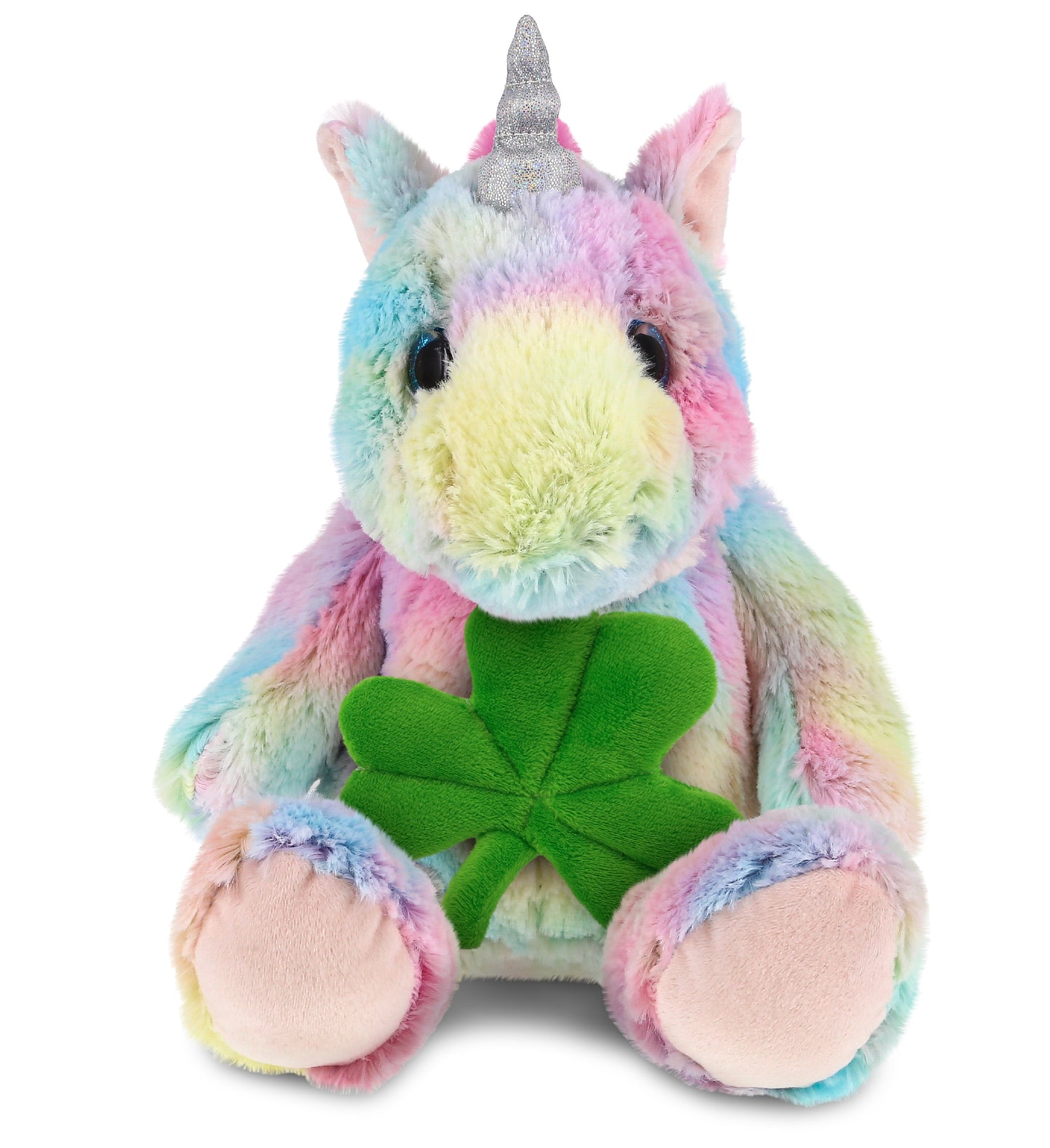 DolliBu Sitting Rainbow Unicorn Stuffed Animal with Green Plush Shamrock-9 Inch