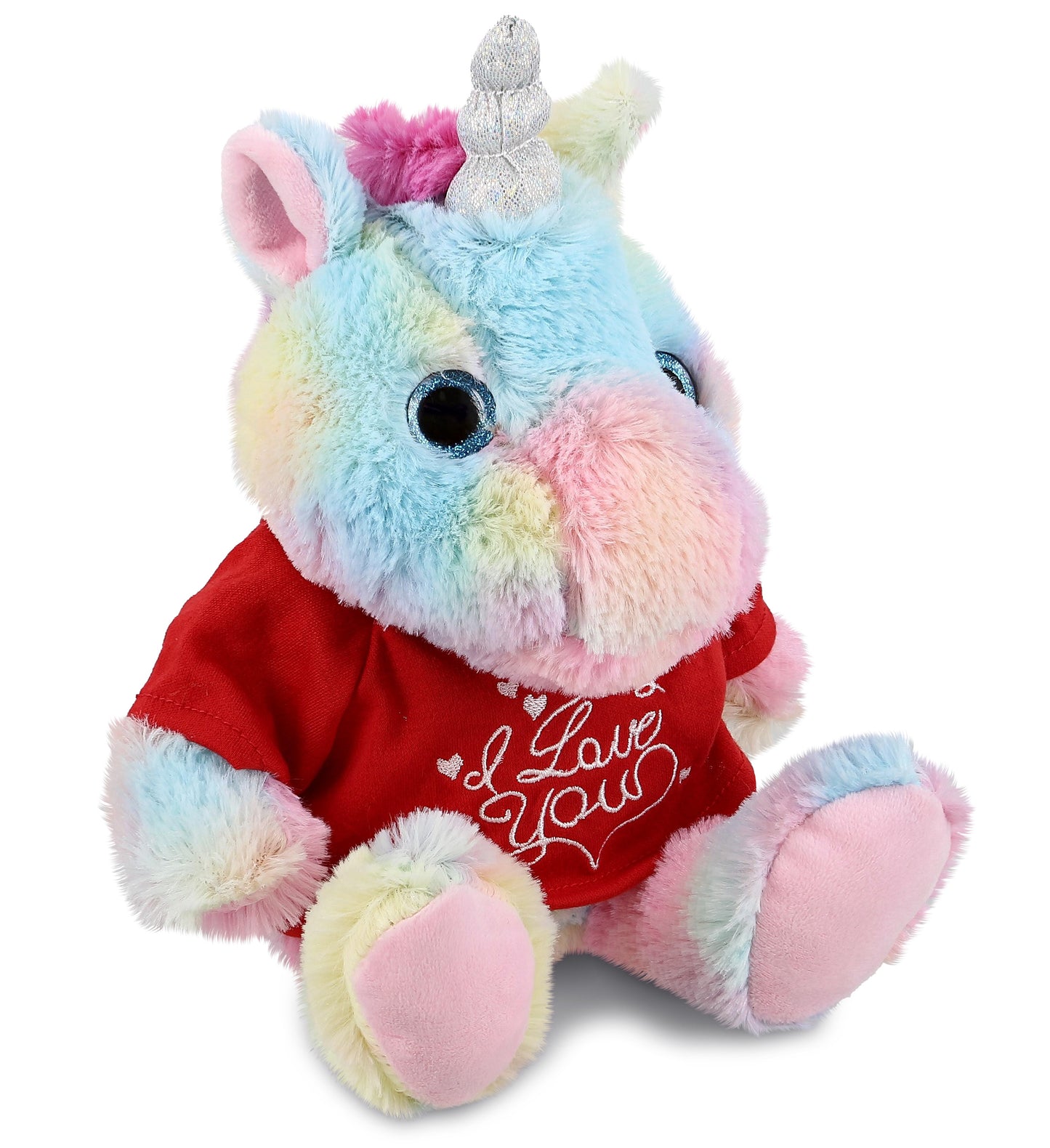PLUSH I LOVE YOU RED SHIRT- SUPER-SOFT PLUSH - SITTING RAINBOW UNICORN