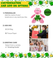 DolliBu Sitting Pink Alligator Stuffed Animal with Green Plush Shamrock-10 Inch