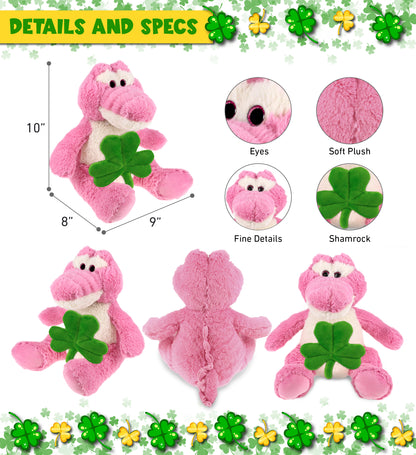 DolliBu Sitting Pink Alligator Stuffed Animal with Green Plush Shamrock-10 Inch