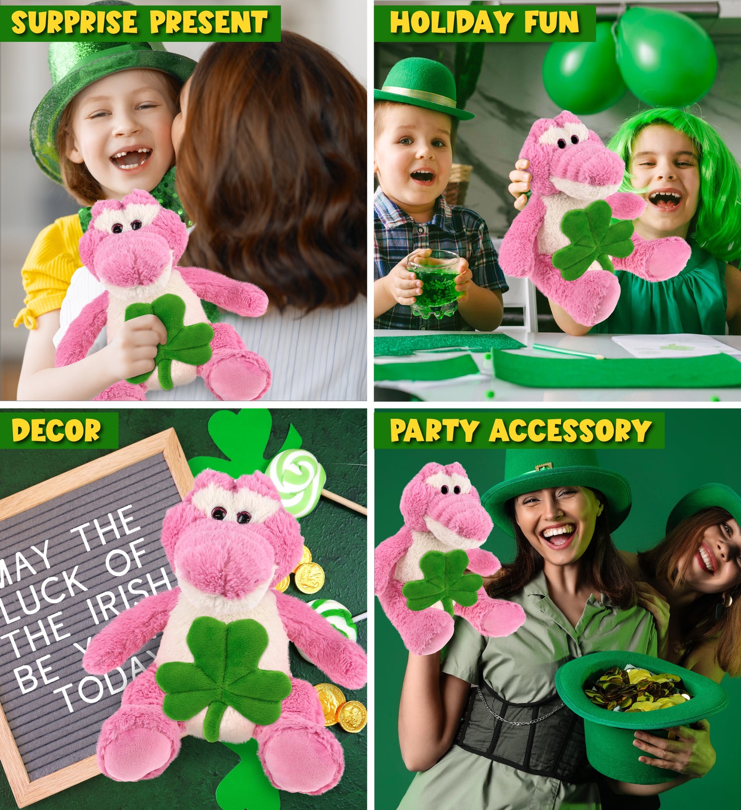 DolliBu Sitting Pink Alligator Stuffed Animal with Green Plush Shamrock-10 Inch