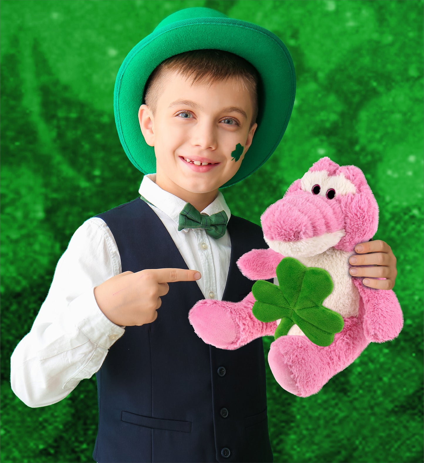 DolliBu Sitting Pink Alligator Stuffed Animal with Green Plush Shamrock-10 Inch