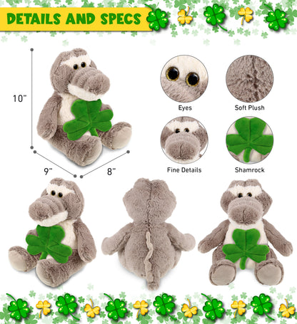 DolliBu Sitting Grey Alligator Stuffed Animal with Green Plush Shamrock-10 Inch