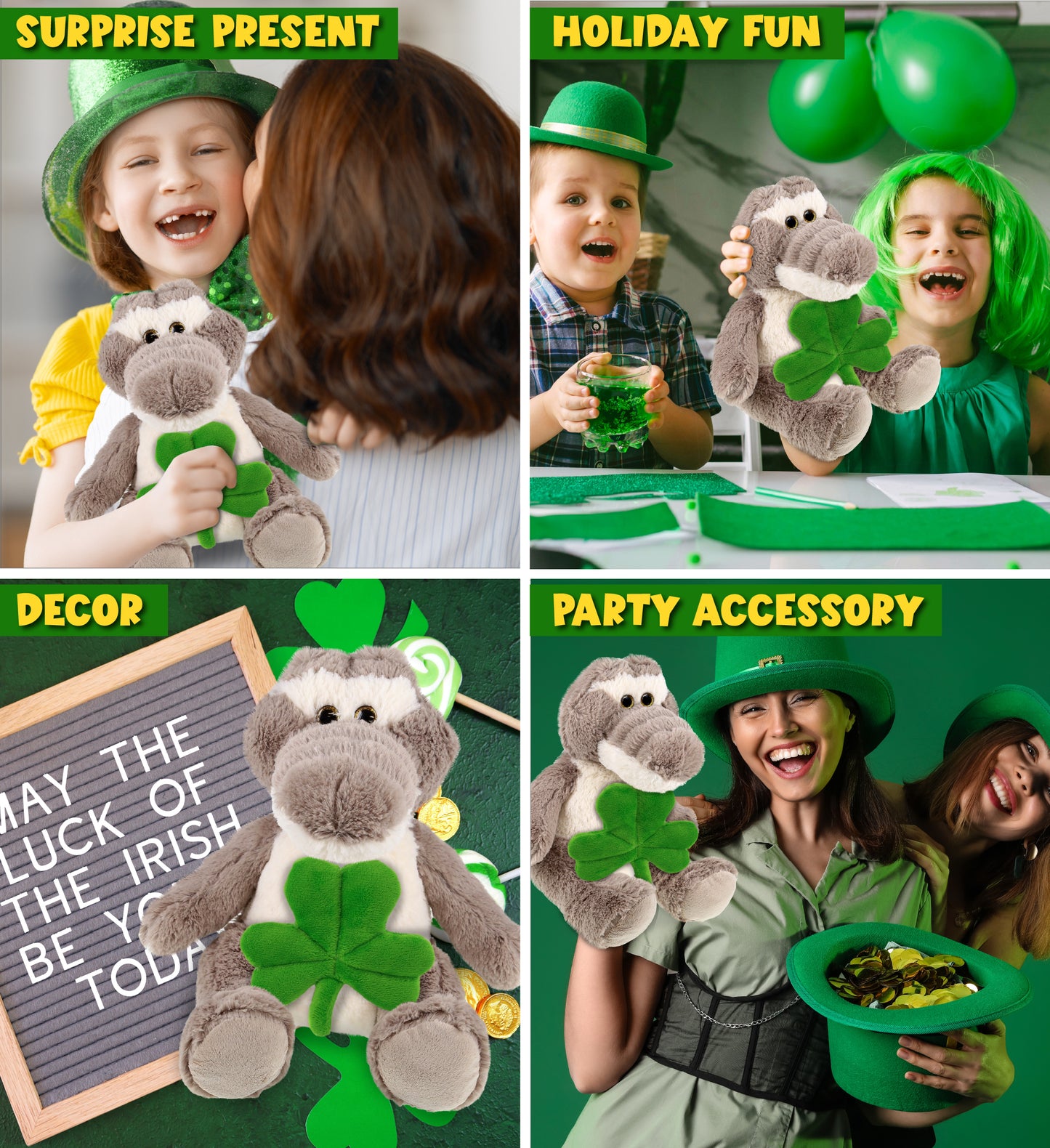 DolliBu Sitting Grey Alligator Stuffed Animal with Green Plush Shamrock-10 Inch