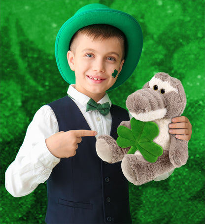 DolliBu Sitting Grey Alligator Stuffed Animal with Green Plush Shamrock-10 Inch