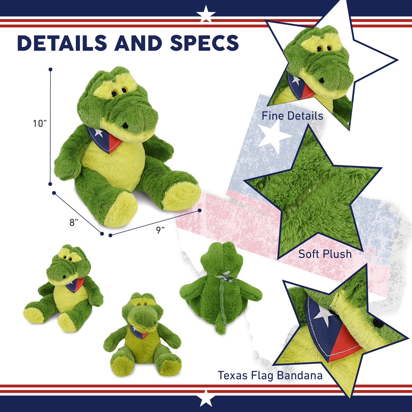 SUPER-SOFT PLUSH - SITTING GREEN ALLIGATOR WITH TEXAS FLAG BANDANA