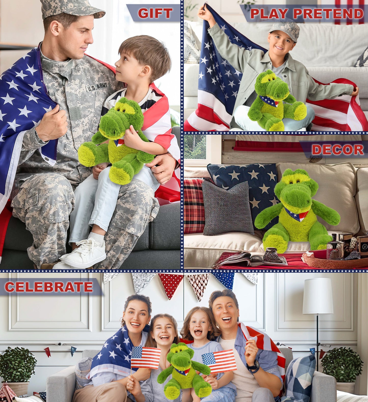 SUPER-SOFT PLUSH - SITTING GREEN ALLIGATOR WITH USA FLAG BANDANA