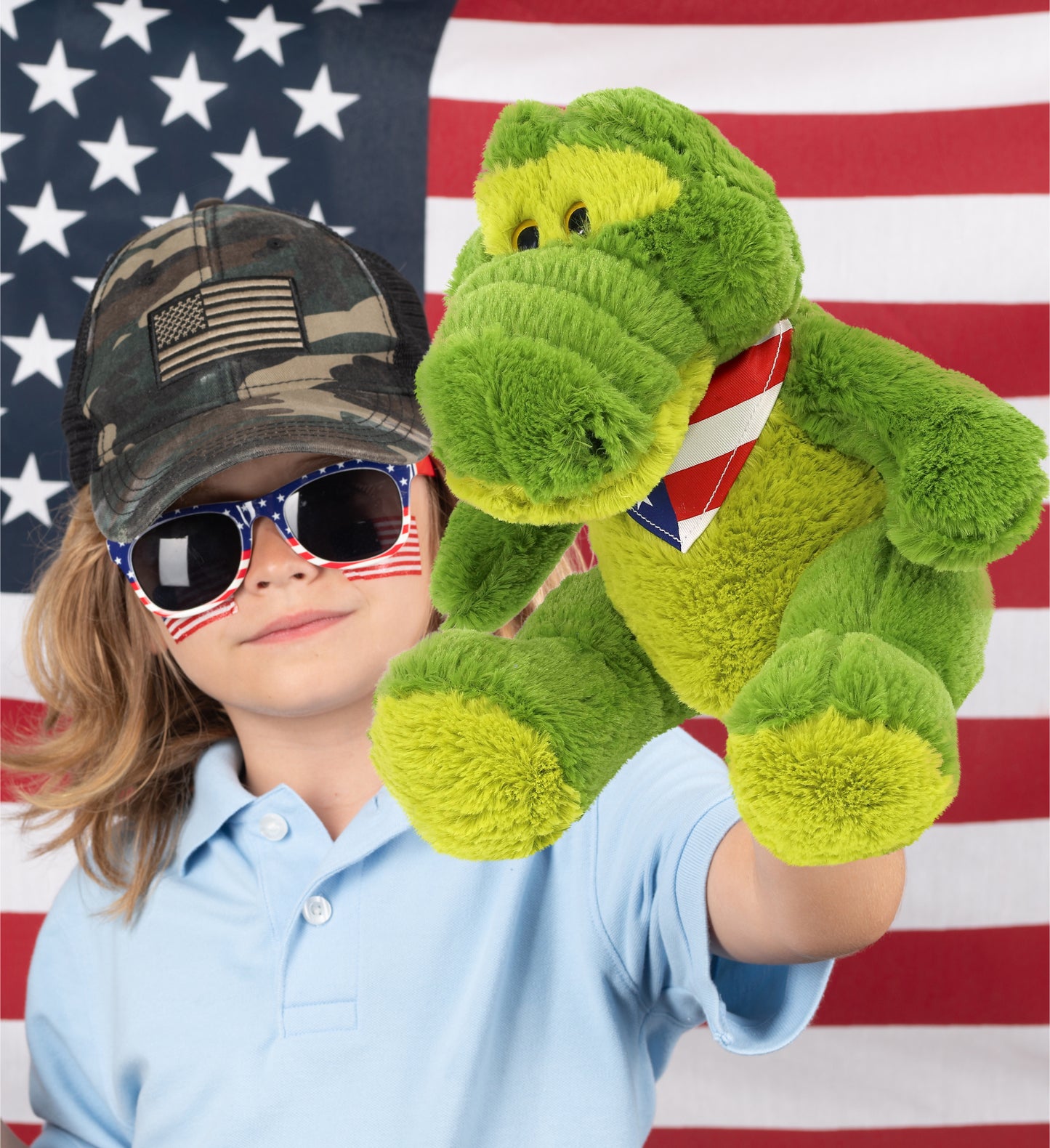 SUPER-SOFT PLUSH - SITTING GREEN ALLIGATOR WITH USA FLAG BANDANA