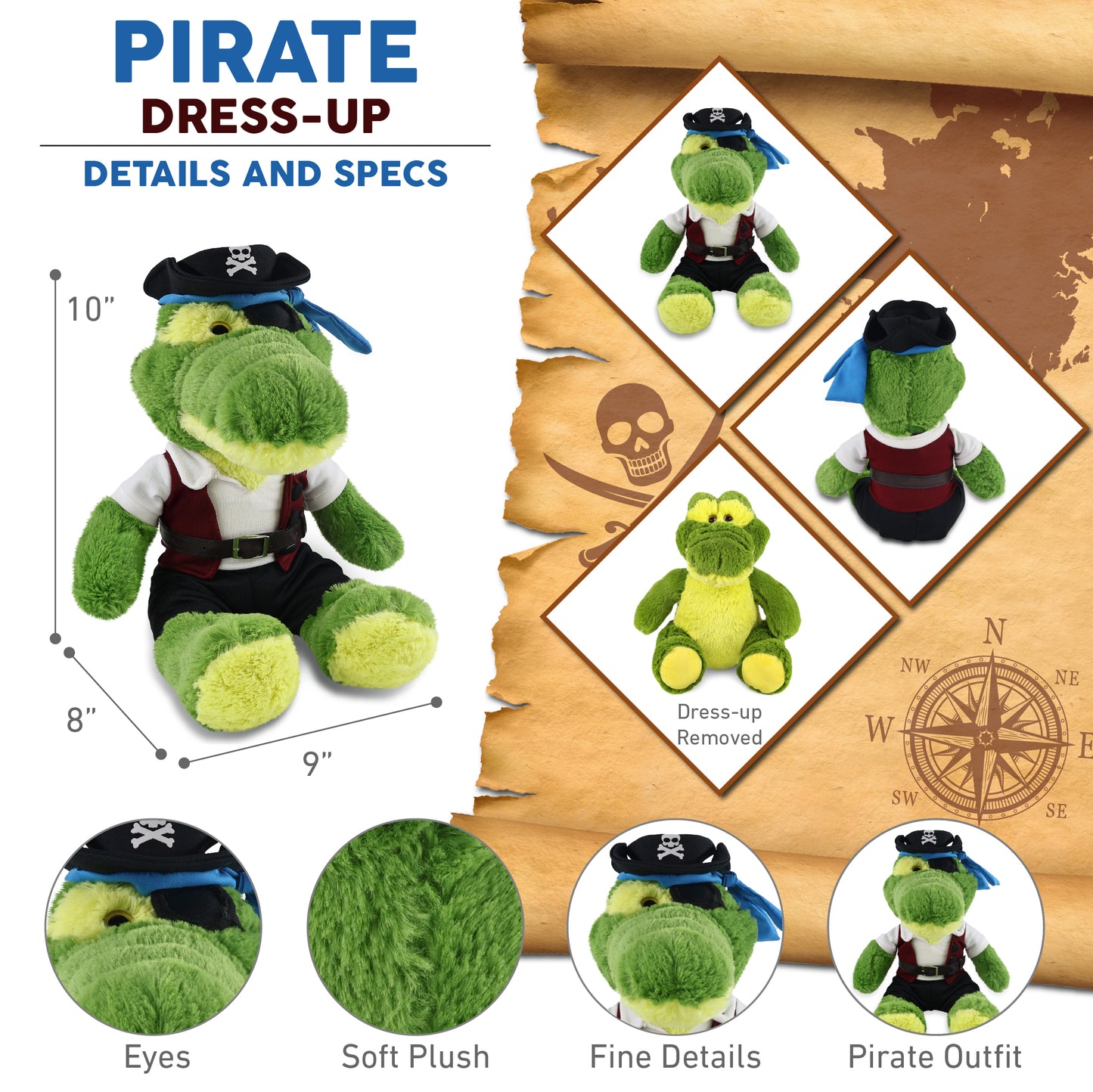 SUPER-SOFT PLUSH - SITTING GREEN ALLIGATOR WITH PIRATE DRESS UP